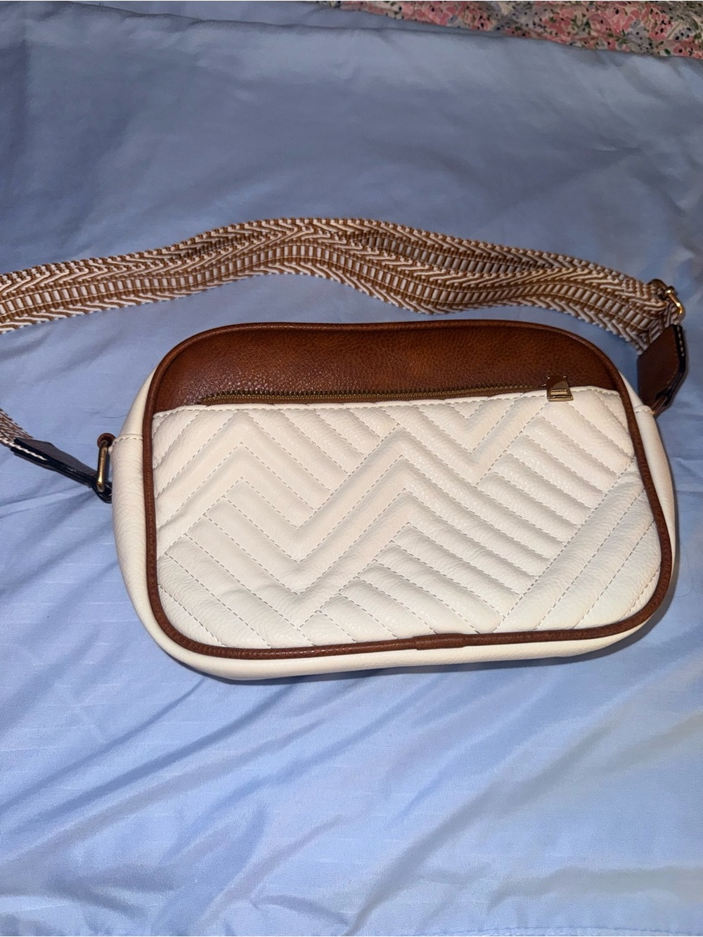 Cream and Brown Quilted Crossbody Bag with Patterned Strap